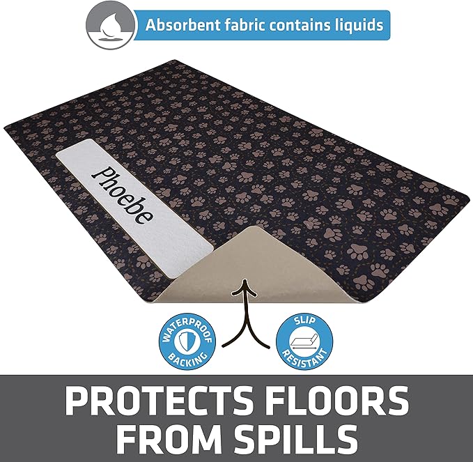 Drymate Personalized Pet Bowl Placemat, Custom Dog & Cat Food Feeding Mat - Absorbent Fabric, Waterproof Backing - Machine Washable/Durable (USA Made) (16" x 28") (Paw Path Tan)