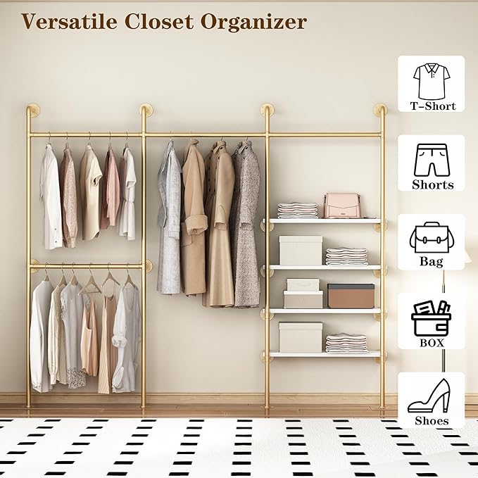 KAILNKISS Industrial Pipe Clothes Rack, Gold Clothing Rack with Shelves, Wall Mounted Clothes Rack Heavy Duty Closet Organizers Wardrobe Multi-Purpose Storage Clothes Hanging Shelf - 94.5''L Gold