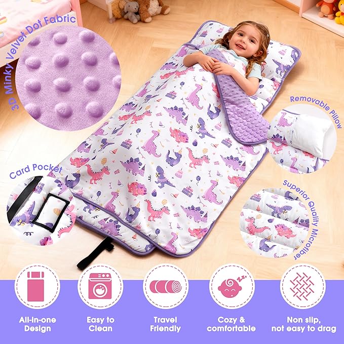 ACRABROS Toddler Nap Mat with Pillow and Blanket, Extra Large Rolled Napping Mats,Slumber Bags for Boys Girls,Kids Sleeping Bag for Daycare, Preschool Travel Camping,Party Dinosaur