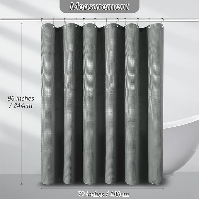 PANGSINNE Extra Long Waffle Weave Shower Curtain 96 Inch Length Heavy Duty Shower Curtain for Bathroom, Machine Washable Water Resistant 256GSM Modern Shower Curtains with 12 Hooks, 72Wx96H Grey