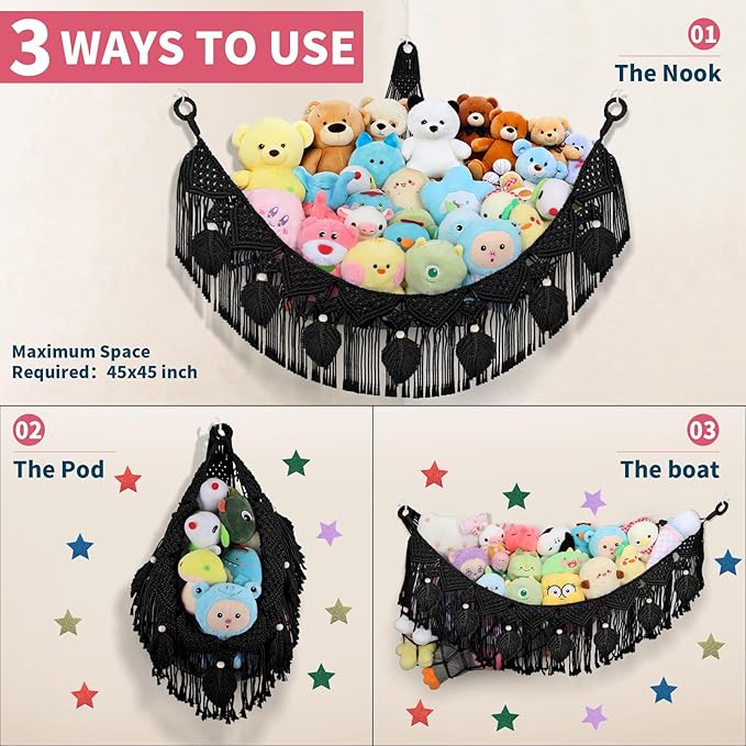 Stuffed Animal Storage Hammock Corner, 56'' Jumbo Boho Macrame Leaf Hanging Stuff Animal Holder for Teddy Plushie, Black Stuffed Animal Net Toy Storage w/Star Lights for Baby Girl Boy Gift