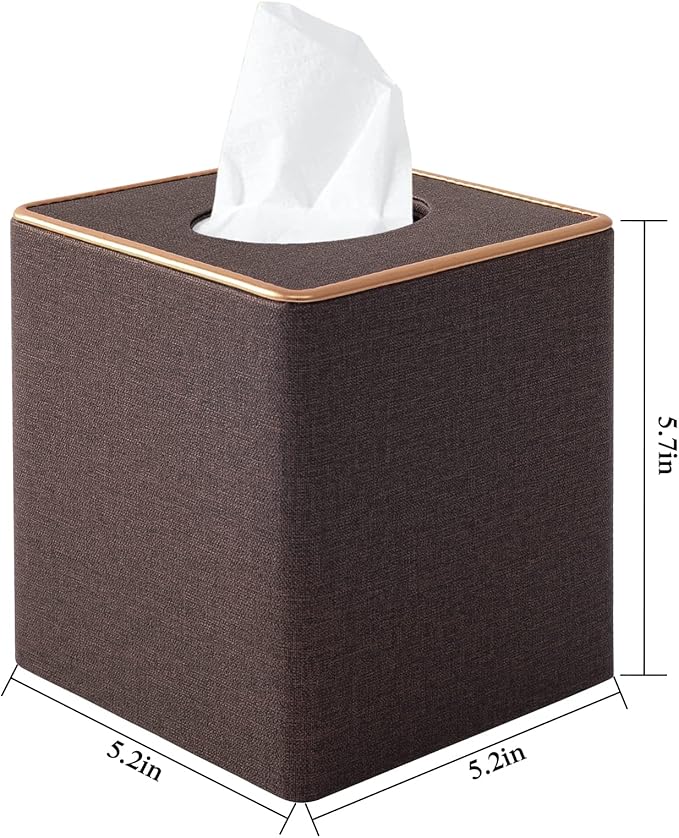 RHCSZ Linen Square Tissue Box Cover,Cube Tissue Box Holder－Excellent Rosegold Leather Decoration,Table Napkin Case Dispenser,Facial Tissues Organizer with Magnetic Bottom for Home Office Car(Coffee)