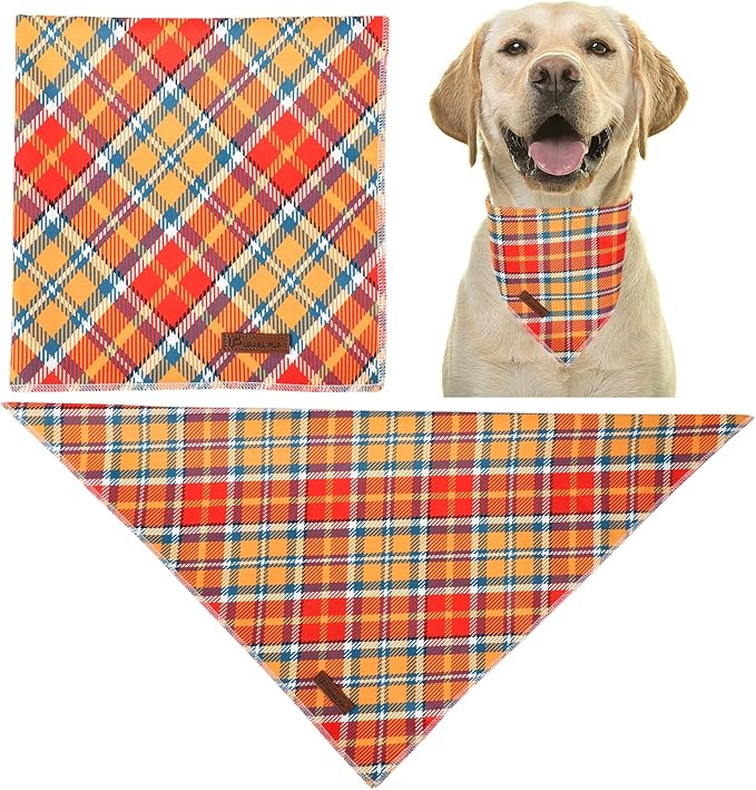 UP URARA PUP Fall Dog Bandana – Orange Yellow Plaid Triangle Scarf for Small Medium Large Dogs, Soft Cotton Pet Bib for Autumn Thanksgiving, Adjustable Dog Kerchief for Daily Fall Wear