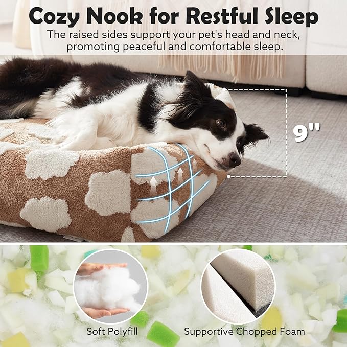 JOEJOY XL Dog Beds Large Sized Dog, Rectangle Washable Orthopedic Pet Bed with Removable Zipper Cover, Cute Soft Calming Puppy Pet Bed with Jacquard Shaggy Plush & Non Skid Bottom