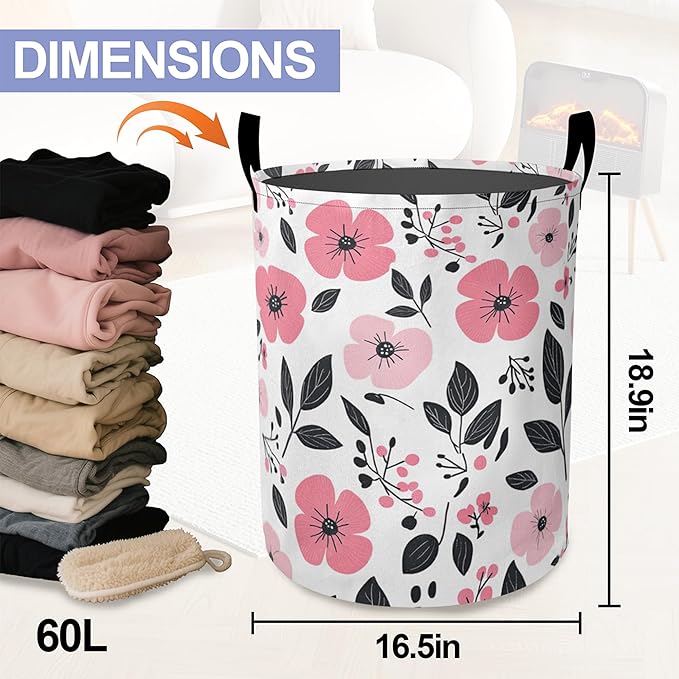 Laundry Basket, Pink Flowers Oxford Cloth Laundry Hamper With Handle Foldable Portable Clothes Storage Basket Storage Bag For Laundry Room/Bathroom/Bedroom/Dormitories