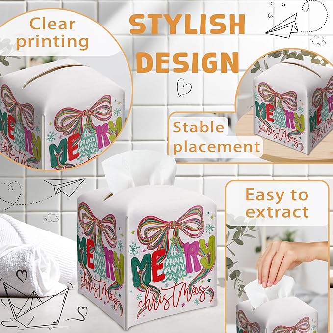 Merry Christmas Tissue Box Holder, Bow Christmas Tree Leather Tissue Box Cover Square, Paper Facial Decorative Tissues Cover for Night Stands Bathroom Kitchen Office Home Decor-B28