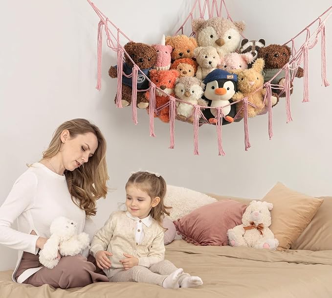 Stuffed Animal Storage Hammock or Net Corner - Large Toy Hammock Net for Stuffed Animals Room Decor - Cute Stuff Animal Organizer Plush Holder - Kids Baby Nursery Essentials Wall Bedroom Home Decor
