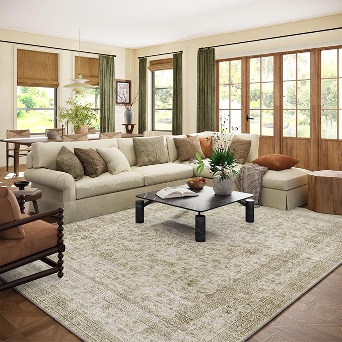 10x14 Area Rug Washable Rugs: Large Living Room Rug Stain Resistant Non Slip Distressed Vintage Low Pile Faux Wool Soft Carpet for Bedroom Farmhouse Dining Room Kids Playroom Nursery