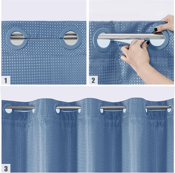 MitoVilla No Hooks Needed Extra Long Shower Curtain Liner Set, Blue 86 inch XL Heavyweight Waffle Fabric Cloth Shower Curtains Set with Snap-in Liner for Modern Luxury Hotel & Spa Bathroom Decor