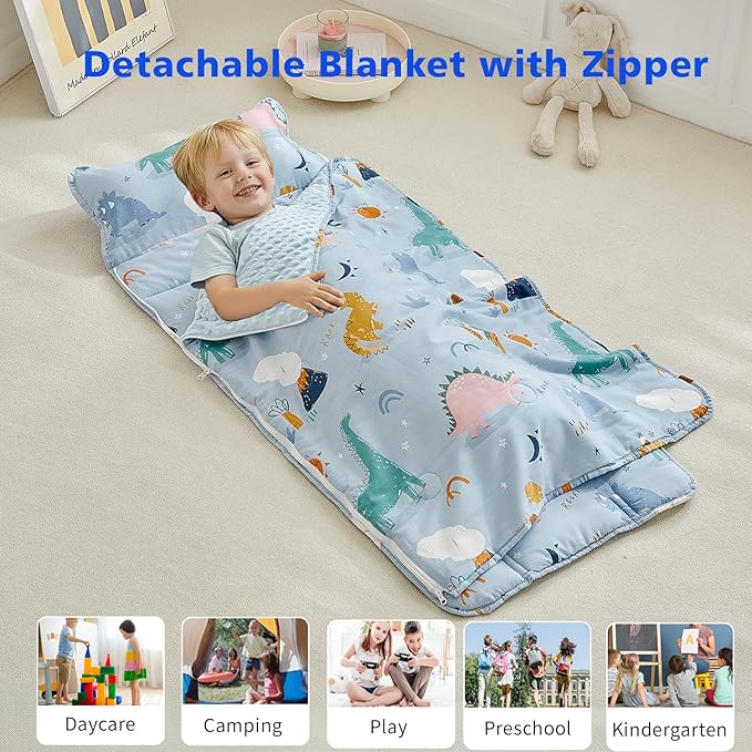 Cotton Toddler Nap Mat with Zipper,Detachable Minky Blanket and Removable Pillow,Soft Slumber Bags for Boys,Kids Sleeping Bag for Daycare Preschool Kindergarten,Dinosaur Toddler Sleeping Mat - Blue