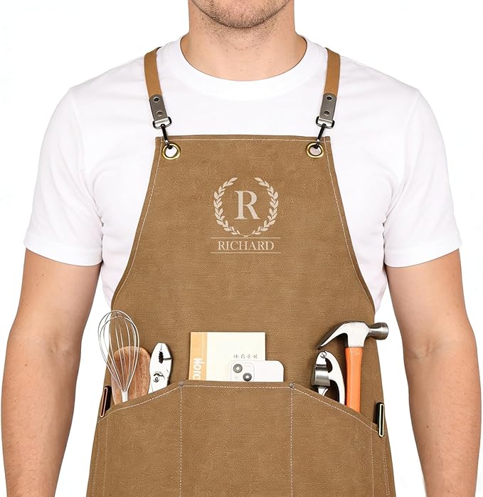Personalized Apron with Embroidered Initial, Denim Canvas Custom Aprons for Men, Adjustable Mens Apron Cooking Aduit Men Gift Trendy Stufff, Kitchen Essentials,Barbeque w/Styles & Patterns