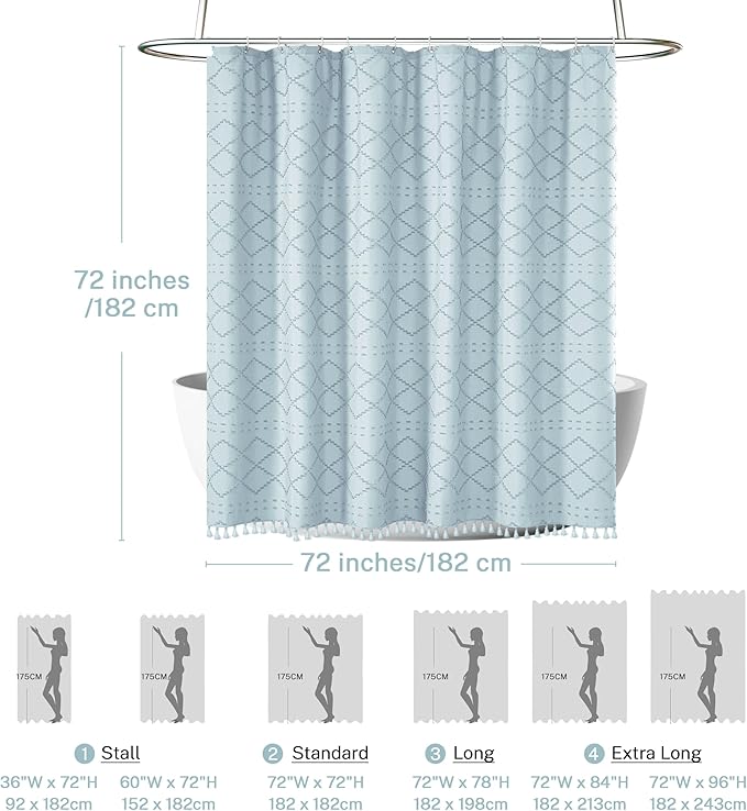 Siiluminisoy Fog Blue Boho Shower Curtain, 72 x 72 Tufted Chevron Textured Striped Modern Farmhouse Minimalist Cloth Shower Curtain for Bathroom