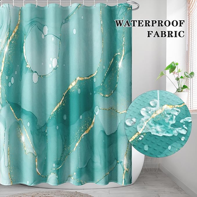 Culudea Mint Green Marble Gold Shower Curtain Set, Teal Turquoise Blue Abstract Bathroom Window Waterproof Shower Curtain Set for Bathroom Decor