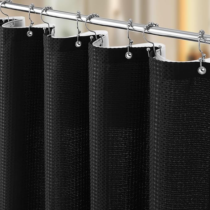 Vipfree 3 in 1 Shower Curtain Set, Waffle Shower Curtain and Liner Set with 12 Double Sided Shower Curtain Hooks, 258GSM Luxury Weighted Cloth Shower Curtains for Bathroom, 72 W x 72 H, Black