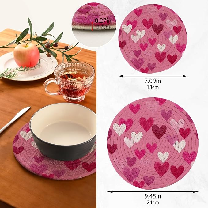 Valentine's Day Pink Hearts Trivet Mat 2PCS Round Woven Potholders Kitchen Table Countertop Protector Hot Pads Farmhouse Coasters Counter Mats for Cooking Baking