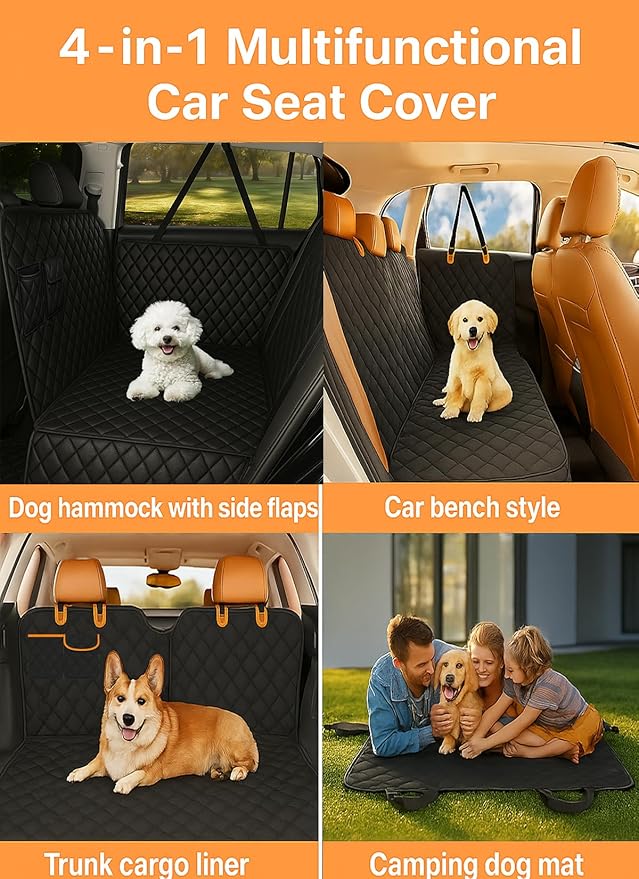 fidozen Dog Car Seat Cover, Universal Fit, Waterproof, Breathable, Machine Washable, Pet Hammock with Storage Pocket, Black (Orange, Standard 54" W)