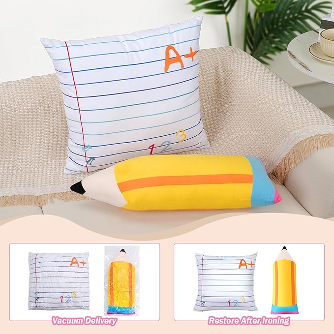 2 Pcs Cute Notebook Pencil Pillows Kids Classroom Large Plush Throw Pillow Back School Creative Stuffed Cushion for Teacher Home Reading Room Sofa Decor Student School Birthday Party Gift Supplies