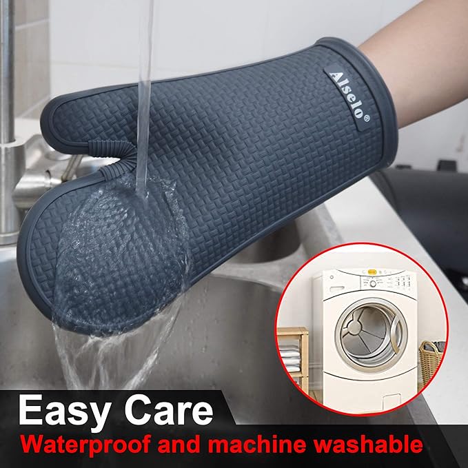 Oven Mitts Heat Resistant Silicone Kitchen Gloves for 550 Degrees with Waterproof and Non-Silp, Set of 2 Oven Gloves for Baking Cooking Barbecue Microwave Machine Washable (Grey, 2)