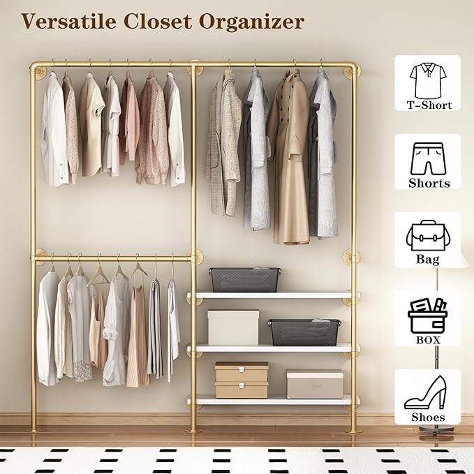 KAILNKISS Industrial Pipe Clothing Rack, Gold Clothing Rack with Shelves, Wall Mounted Clothes Rack Heavy Duty Closet Organizers Wardrobe Multi-Purpose Storage Clothes Hanging Shelf - 70.8''L Gold
