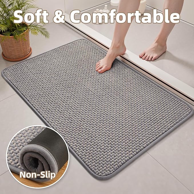 PADOOR-Bath Mat-Super Absorbent Chenille Bathroom Mats-Rubber Backed Bath Mats for Bathroom Non Slip, Easy Clean Bathroom Rugs Front of Bathtub,Shower Room,Sink-17×28, Grey&Beige