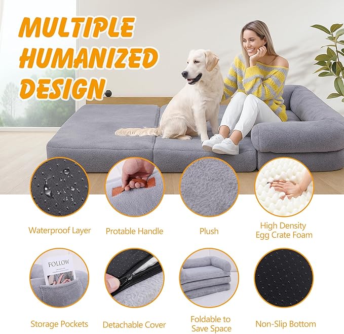 ondware Foldable Human Dog Sofa Bed, 73x42x10 in Plush Pet Bed with Egg Foam Mattress, Portable Dog Bed for Adults, Camping Indoor Use