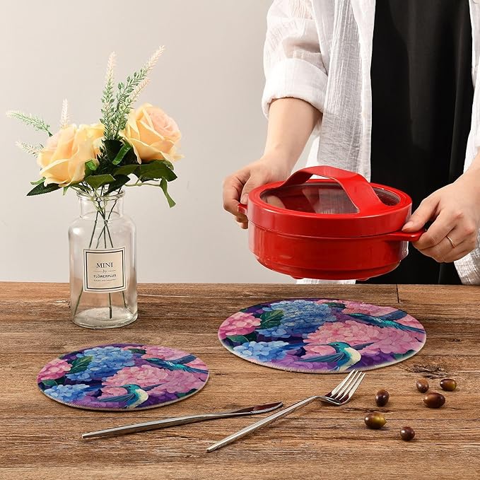 Pink Hydrangea Hummingbird Trivets for Hot Dishes Pots and Pans Potholders Woven Trivet Cotton Round Large Pot Holder Decor Heat Resistant Hot Pads Mat for Table Counter Cooking Potholder Set o