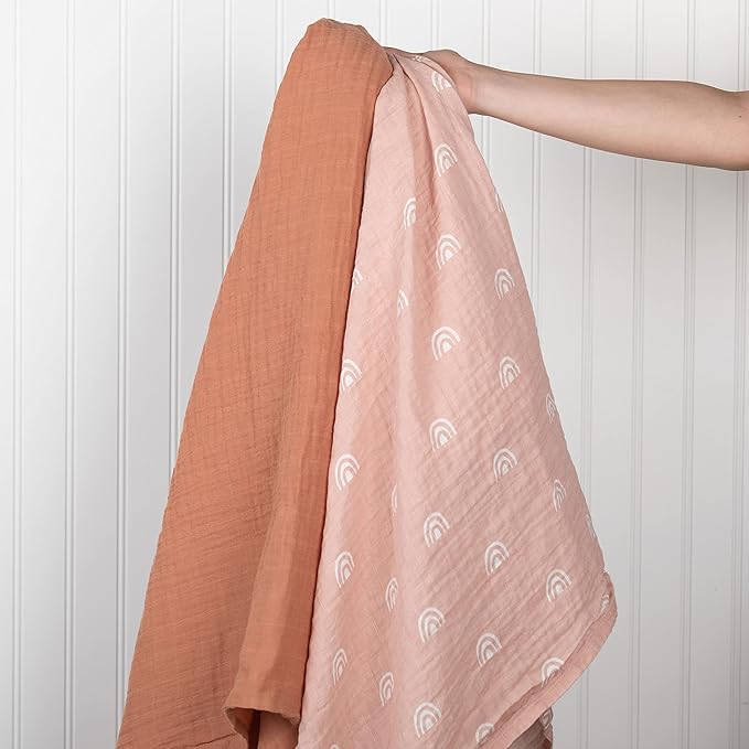 Sticky Toffee Muslin Swaddle Baby Blanket, Blush Pink Rainbows, 47 x 47 in, Soft Breathable Oeko-Tex Cotton Newborn Wrap and Receiving Blanket