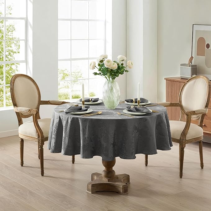 Newbridge Barcelona Damask Fabric Tablecloth, 90 Inch Round, Grey – No Iron, Soil Resistant Table Cover for Dining, Parties and Holidays