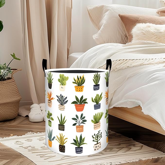 ainori Potted Botanical Laundry Basket, Oxford Cloth Minimalist Nature Dirty Clothes Collapsible Hamper for Room Decor, Plant Leaf Print Gifts Toy Organizer 19.7 * 15.8 Inch for Bedroom Bathroom Dorm