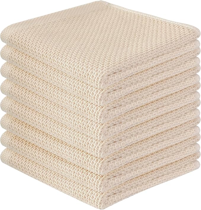 FreeNook 100% Cotton Waffle Weave Kitchen Towels, 8 Pack Dish Cloths for Washing Dishes, Ultra Soft Absorbent Dish Towels, Quick Drying Kitchen Rags, 12x12 Inches, Beige