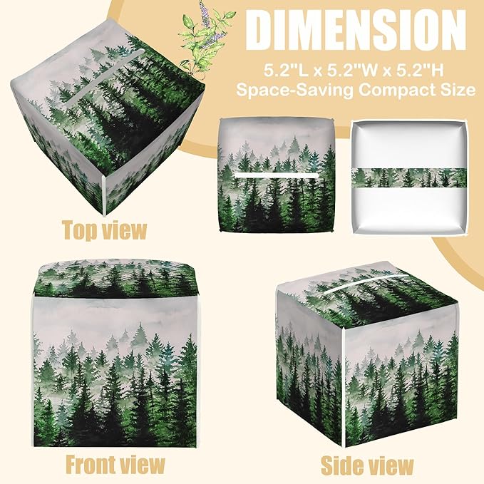 Watercolor Leather Tissue Box Holder Foggy Forest Tissue Box Cover Facial Paper Case Organizer Cube Napkin Dispenser for Bathroom Vanity Countertop Night Stand Office Car