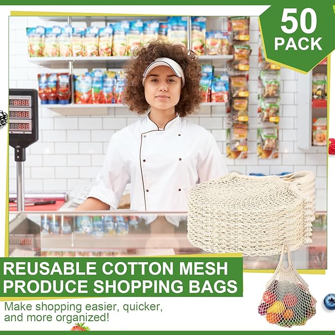 Paterr 50 Pack Cotton Mesh Produce Bags Bulk Reusable Market Bag Washable Net Grocery Purse String Shopping Tote Beach Organizer for Vegetable Fruit Picnic Food Storage (Short Handle,Beige)