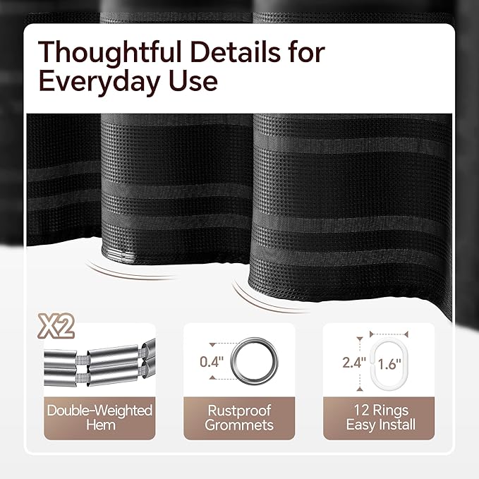 TURKIO Black Shower Curtain Waffle Weave Shower Curtain Striped Fabric Shower Curtains for Bathroom, Black Bathroom Decor