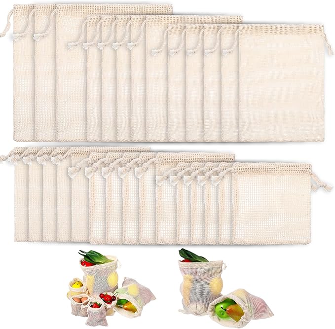 Dimeho 28 Pack Reusable Produce Bags, Mesh Vegetable Bags Washable Cotton Grocery Produce Bag with Drawstring for Vegetable Shopping Transporting Storing Farmers Market Beach