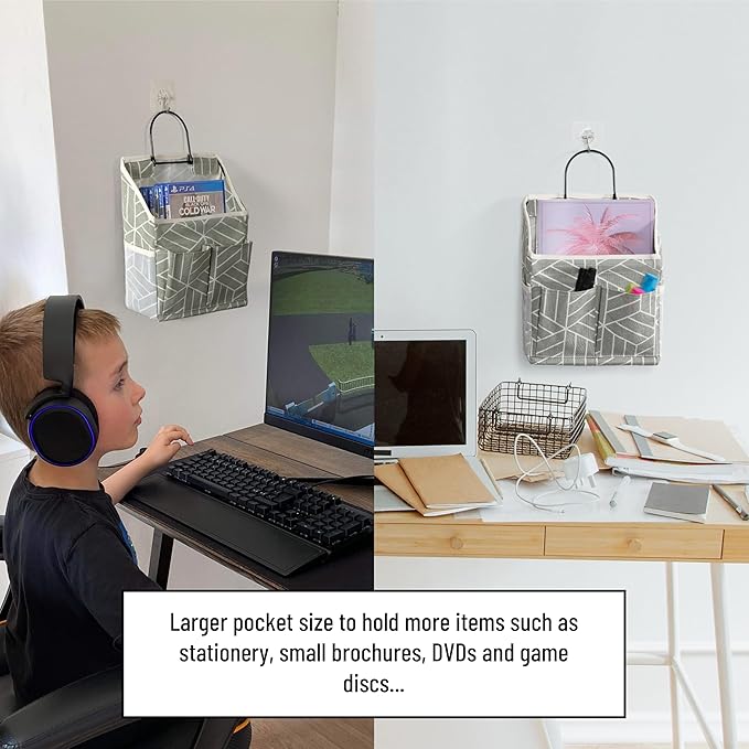 HZZTY BRNY 2pcs Wall Hanging Storage Bag, Small Door Closet Linen Fabric Pockets Organizer, Waterproof Multi Functional for Living Room Bedroom Bathroom Kitchen RV Camper with Hooks Pattern Grey
