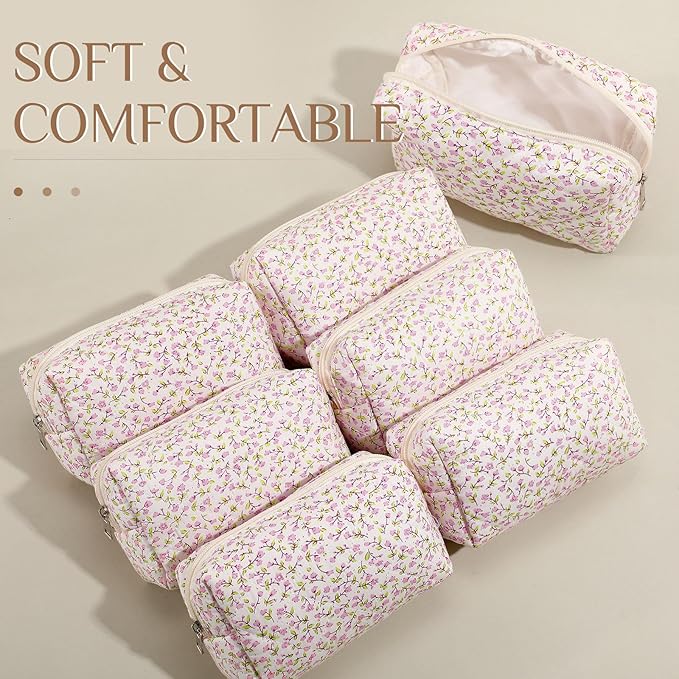 Paterr 6 Pcs Quilted Makeup Bag Bulk for Women Girls Birthday Valentine's Day Bridesmaid Gifts Cute Cotton Cosmetic Pouch Bow Floral Coquette Aesthetic Travel Toiletry Bag(Small Floral,Pink)
