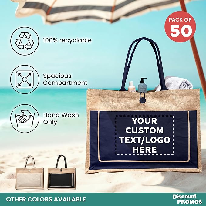 DISCOUNT PROMOS Custom Jute Tote Bags with Cotton Pocket Set of 50, Personalized Bulk Pack - Reusable, Great for Picnic, Camping, Beach, Outdoor Activities - Navy Blue