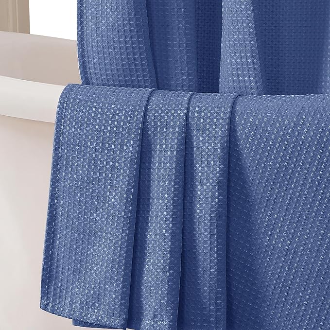 OVZME Blue Shower Curtain Set, Waffle Textured Heavy Duty Fabric Shower Curtain for Bathroom, Luxury Hotel Weighted 230GSM Bath Curtain with 12 Plastic Hooks, Machine Washable, 72x72