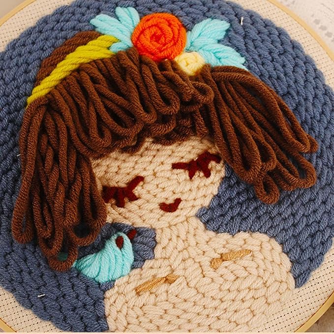 Allazone 3 Set Punch Needle Kits, 20 cm Embroidery Starter Kits with Girl Pattern, Punch Needle Tool Threader Fabric Embroidery Hoop, Yarn and Home Decor