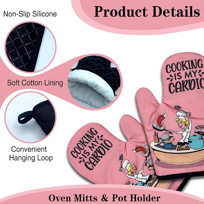 2 Pack Funny Oven Mitts for Women, Cooking is My Cardio, Heat Resistant Silicone Non-Slip Mitts, Sweet Housewarming Gifts for Baker Chef Cooking Lovers, Hostess Gifts for Mom Wife Sister