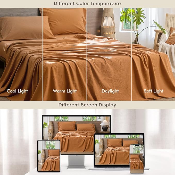 MooMee Bedding Sheet Set 100% Washed Cotton Linen Like Textured Breathable Durable Soft Comfy (Solid Burnt Orange, Twin XL)
