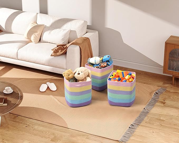 Gocjuaza 3 Pack Storage Cubes 11 Inch Cotton Rope Woven Baskets for Organizing Cube Bin Square Shelves Organizer,Classroom,Kids Toy Bins,Closet,Baby Nursery(Light Rainbow)