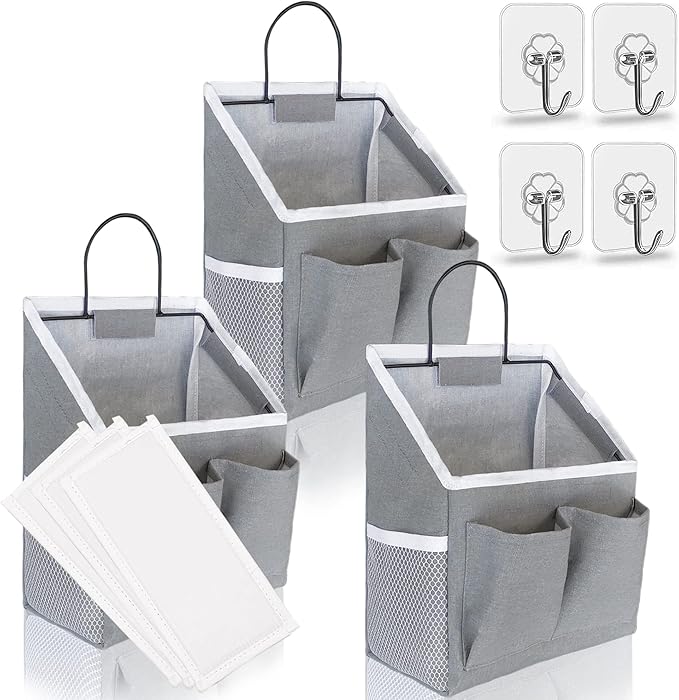 Kanrichu 3pcs Wall Hanging Organizer Bag, Linen Fabric Door Hanging Storage Basket with Pockets, Waterproof Bin for Kitchen, Bedroom, Office, RV Camper (Gray)