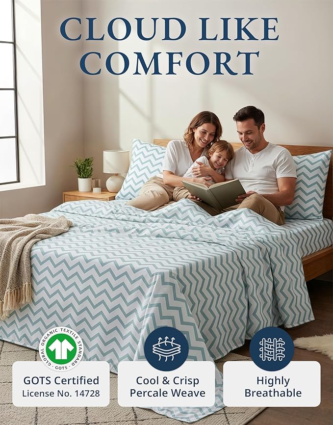 LANE LINEN 100% Organic Cotton Sheets Queen, 15" Deep Pocket Queen Sheets Fits Upto 15" Mattress, Soft & Comfy Fade Resistant Printed Sheet Set - Cool Blue Chevron