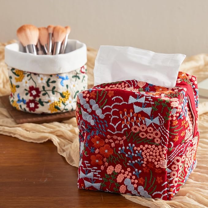 Hausfrau Tissue Box Cover Square Embroidered Jacquard Linen Tissue Holder Case Cube Decorative for Bathroom Vanity Countertop Desk Office, 5.3"x5.3"x5.3", Red Flowersea
