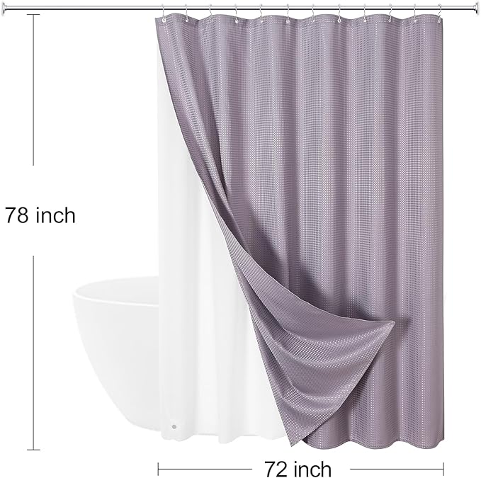 Craidlela 3 in 1 Long Purple Shower Curtain Set-72 W x 78 H, Lavender Waffle and PEVA Liner Set with 12 Stainless Steel Hooks, Waterproof Fabric for Bathroom