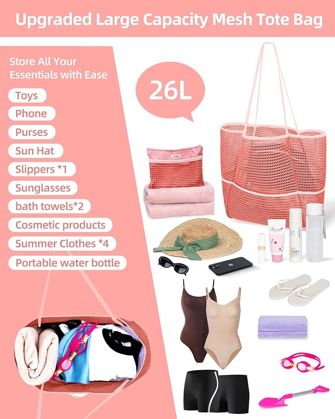 ToKismet Mesh Beach Tote Bag Packable,2026 New 2-in-1 Large Lightweight Foldable Beach Bags with Multiple Pockets for Women