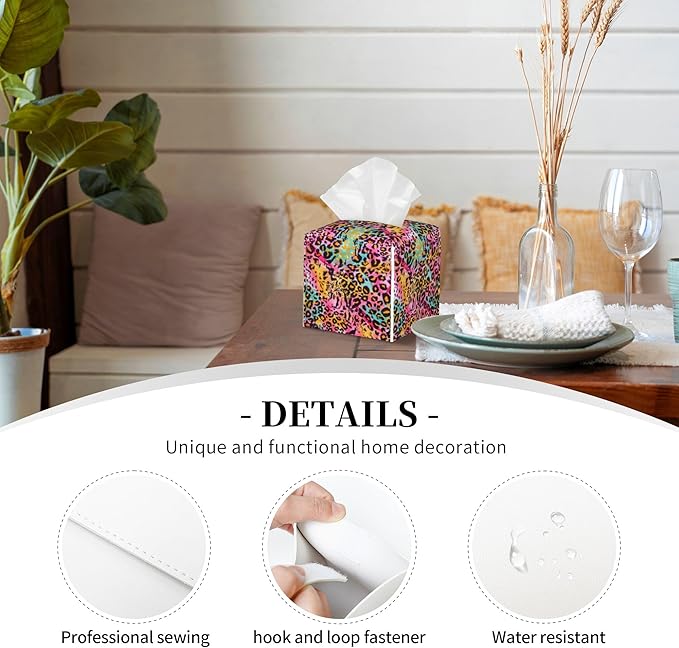 POIUBLE Rainbow Colored Leopard Tissue Box Cover Leather Tissue Box Holder Square Facial Paper Organizer Dispenser for Bathroom Kitchen Bedroom Vanity Countertop Night Stands