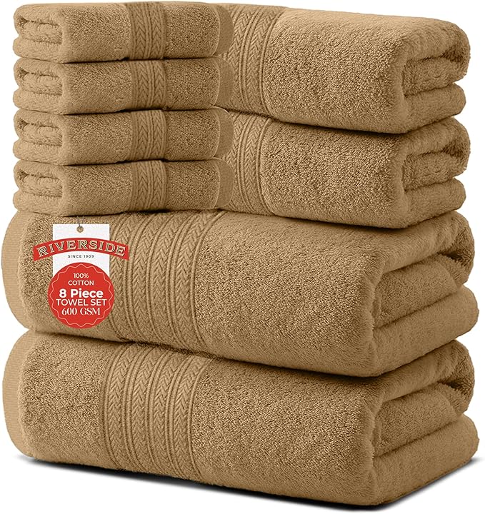 RIVERSIDE Pack of 8 Towels Set, 2 Large Bath, 2 Hand, 4 Face Washcloths, 100% Cotton Hotel Quality, Super Soft, Quick Dry, Highly Absorbent Perfect for Bathroom, Tan