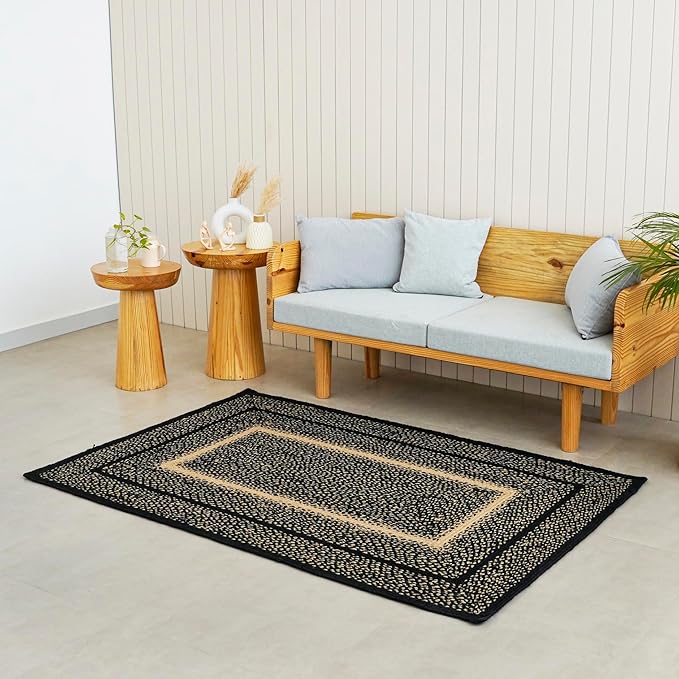 Traditional Jute Braided Rug, Rustic Country Décor for Kitchen, Living Room, Dining Room, Bedroom, Desert Black, 3'X5'